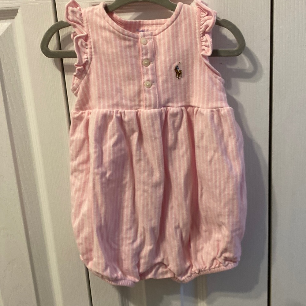 Ralph Lauren. Pink and white striped romper. 9M